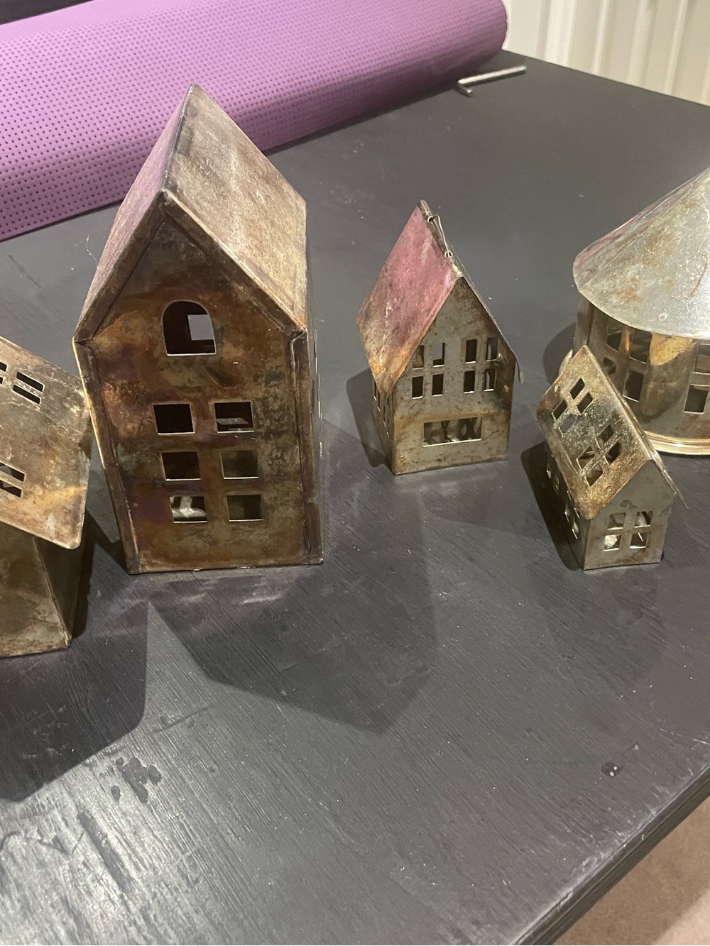 Metal Cottage Tealight Houses Set - Rustic Bronze Finish